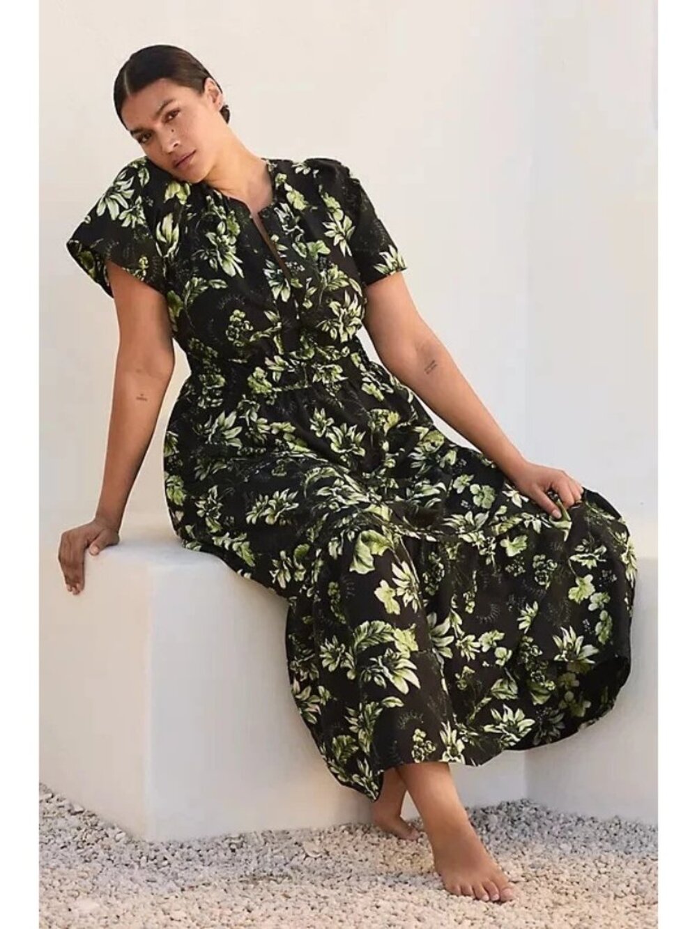 NWT Anthropologie Petite Somerset Maxi in Black Green Floral Cotton Dress XLP